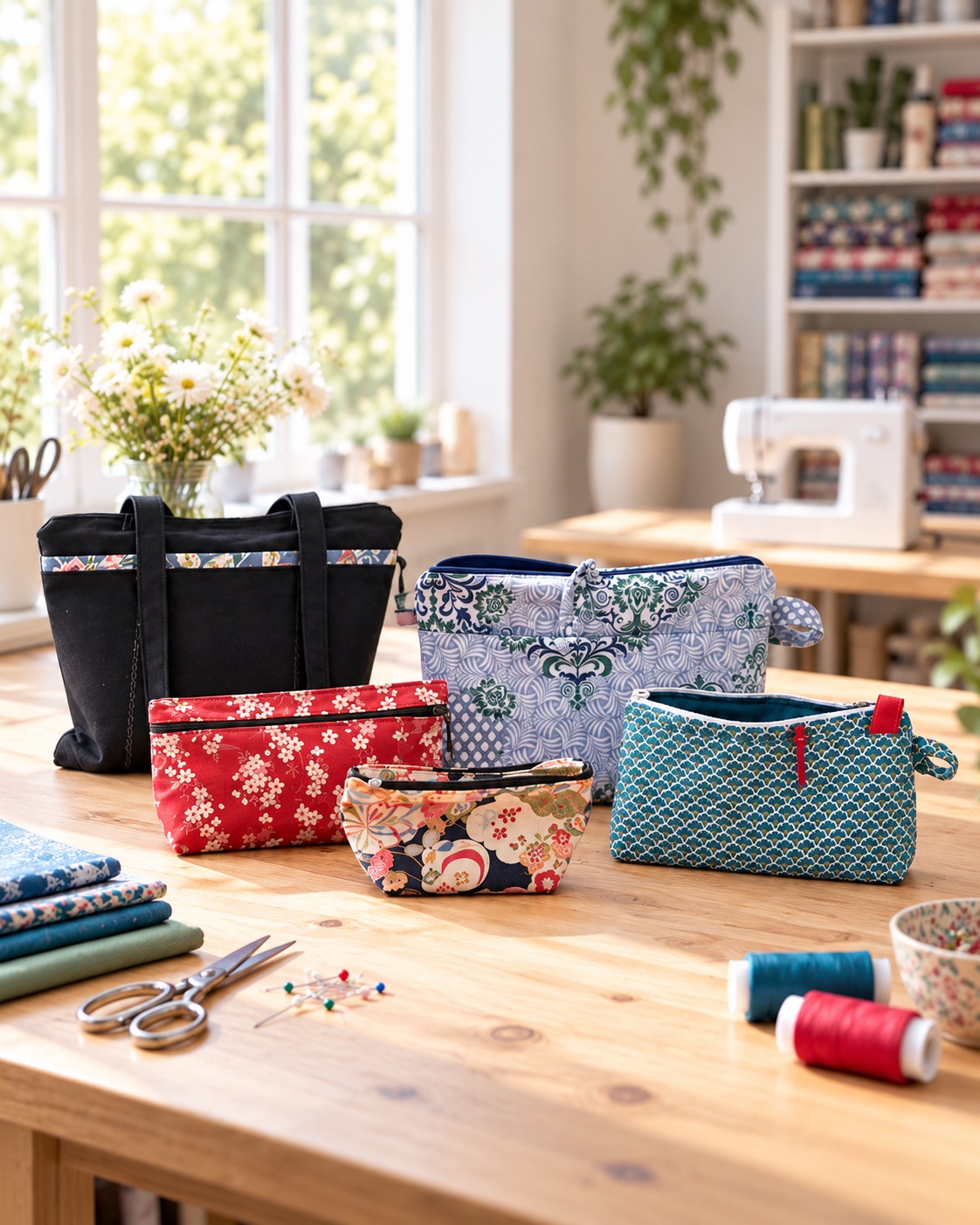 Several self-sewn cosmetic bags made from patterned fabrics on a bright worktable