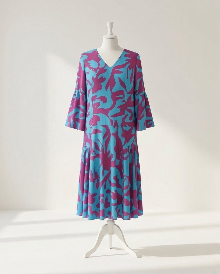 Turquoise and pink patterned dress on a dress form