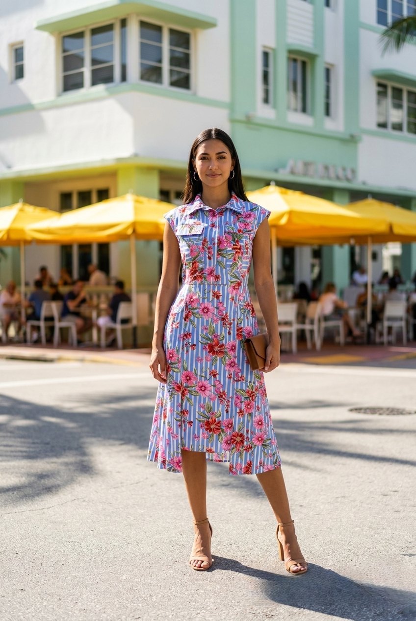 Frau in einem farbenfrohen selbstgenähten Kleid in der Rheinfelder Altstadt