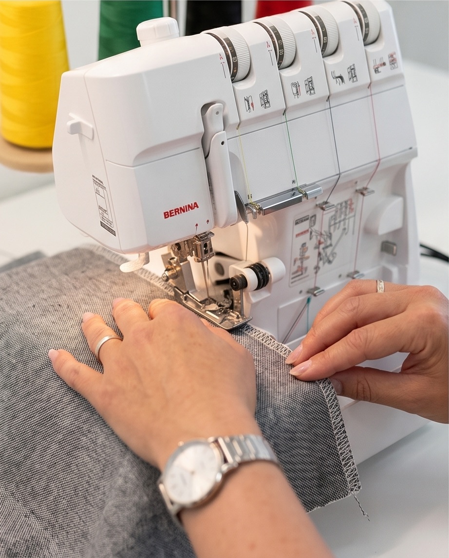 Hände führen grauen Stoff durch eine weisse Bernina-Overlock-Maschine