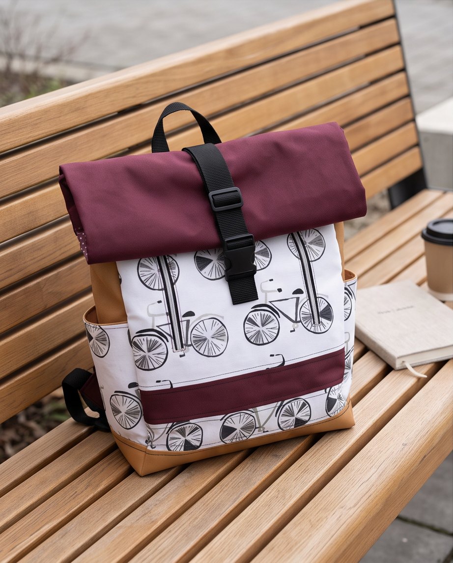 Selbstgenähter Rucksack aus burgunderfarbenem und bedrucktem Stoff auf einer Holzbank