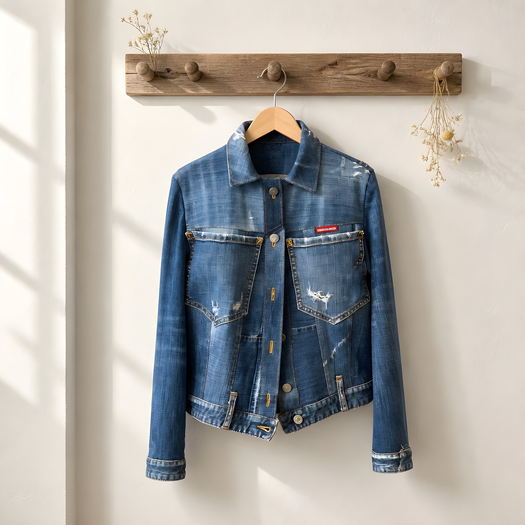 Jeansjacke mit sichtbaren Upcycling-Details an Taschen, Ärmeln und Saum