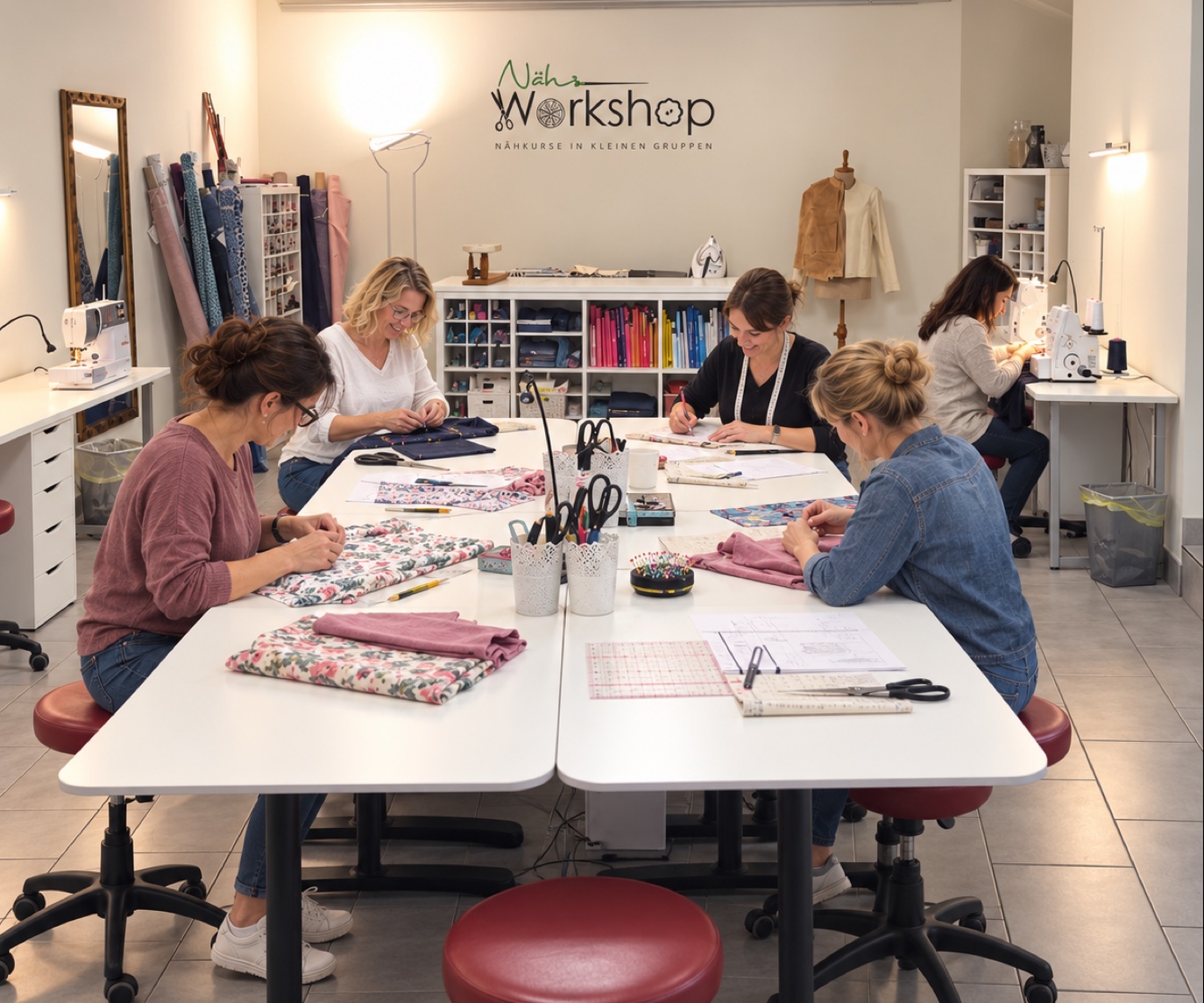 Four participants sewing in the bright Näh-Workshop studio